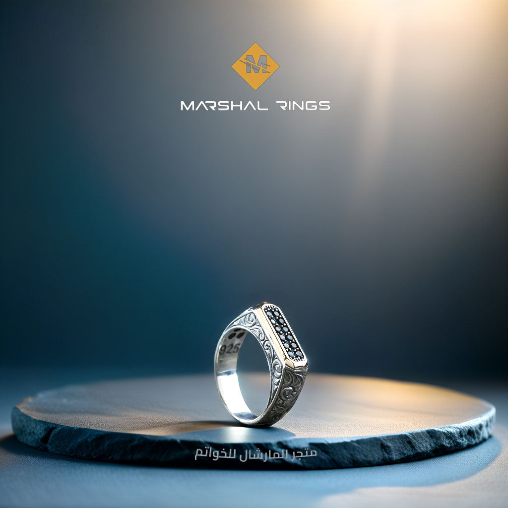 Men's sterling silver ring set with black zircon stones - smooth