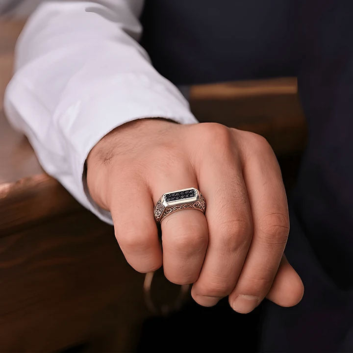 Men's sterling silver ring set with black zircon stones - smooth