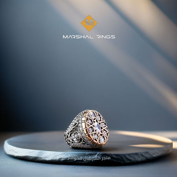 خاتم فضة رجالي 925 مرصع بأحجار الزركون الأبيض مزين بإطار فاخر - متجر المارشال للخواتم الرجالية 1