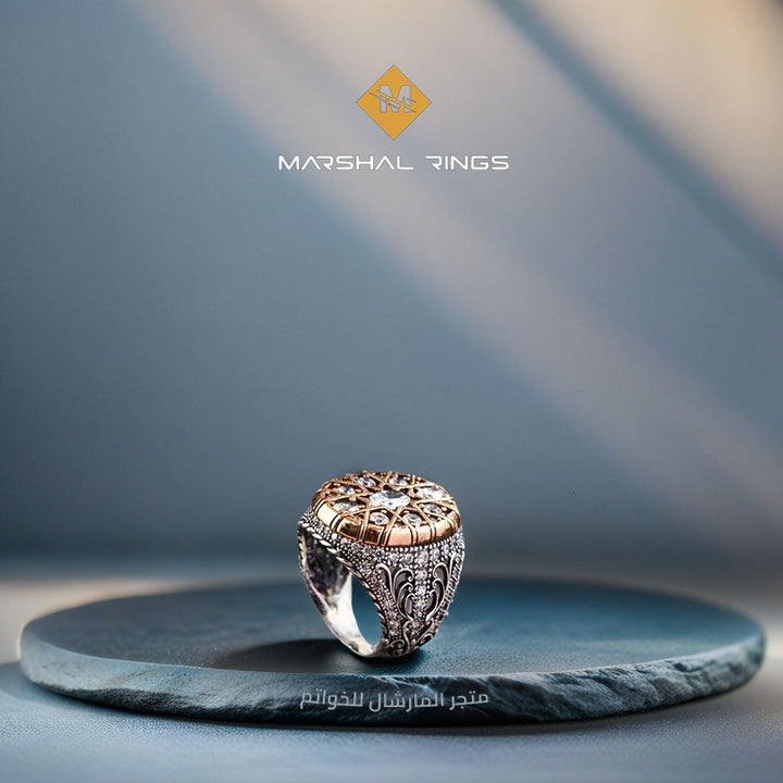 خاتم فضة رجالي 925 مرصع بأحجار الزركون الأبيض مزين بإطار فاخر - متجر المارشال للخواتم الرجالية 2