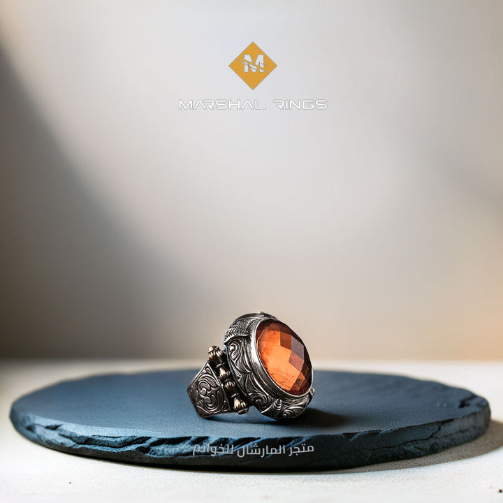 خاتم فضة رجالي 925 مرصع بحجر الزولتانيت يتميز بنقوش دقيقة - متجر المارشال للخواتم الرجالية 1