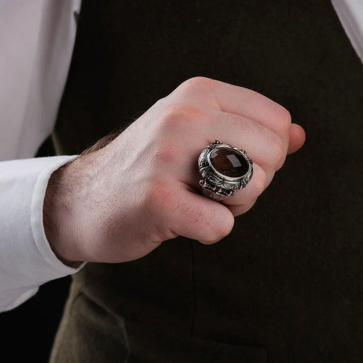 خاتم فضة رجالي 925 مرصع بحجر الزولتانيت يتميز بنقوش دقيقة - متجر المارشال للخواتم الرجالية 4