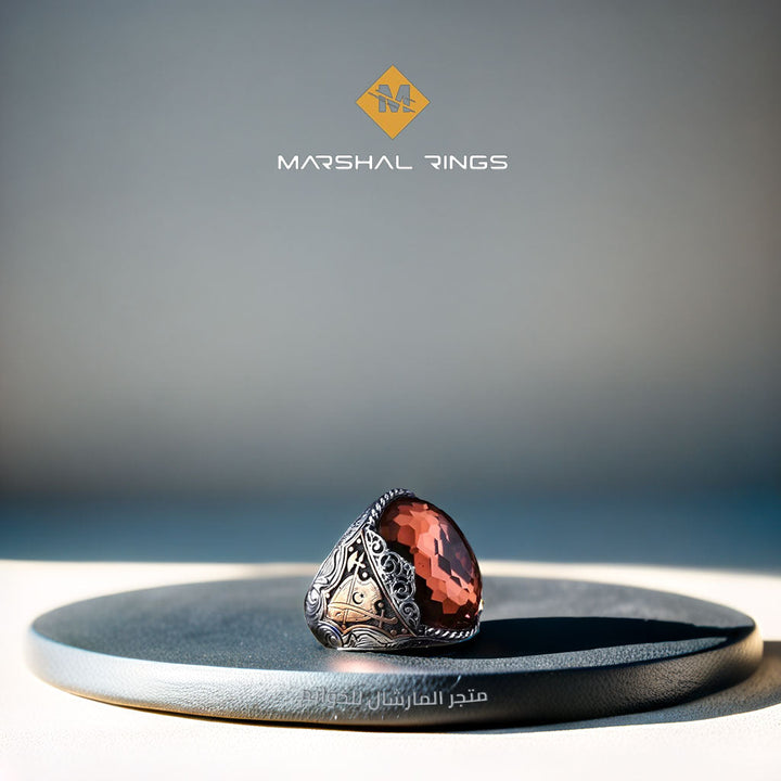 خاتم فضة رجالي 925 مرصع بحجر الزولتانيت مع إطار منقوش يدوياً - متجر المارشال للخواتم الرجالية 1