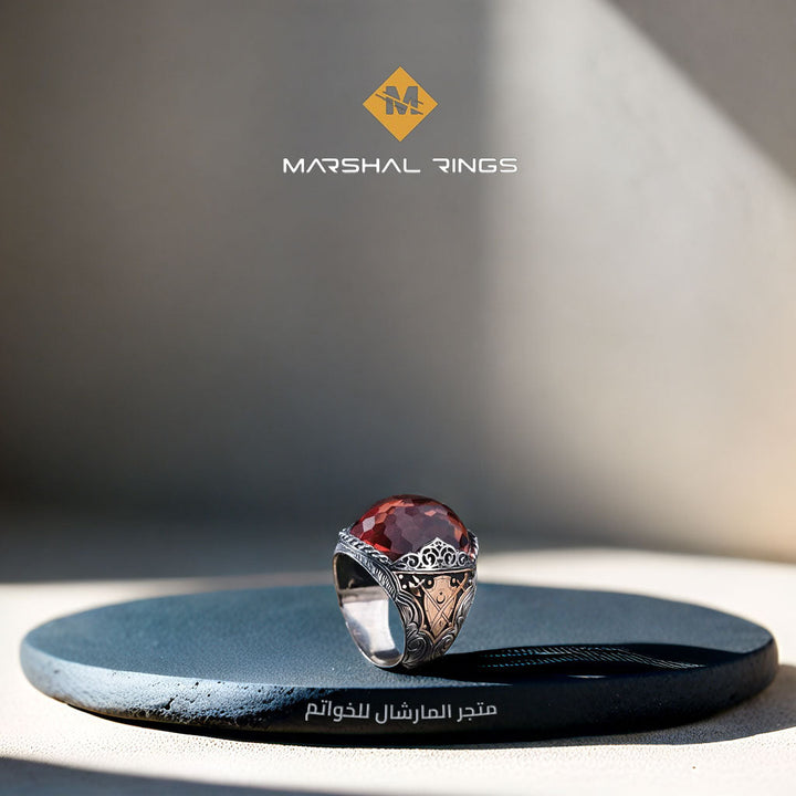 خاتم فضة رجالي 925 مرصع بحجر الزولتانيت مع إطار منقوش يدوياً - متجر المارشال للخواتم الرجالية 2